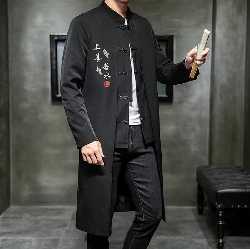 Chinese Style Long Windbreaker Jacket Men Streetwear Oriental Clothes Men Hip Hop Chinese Mandarin Jacket Coat KK3150