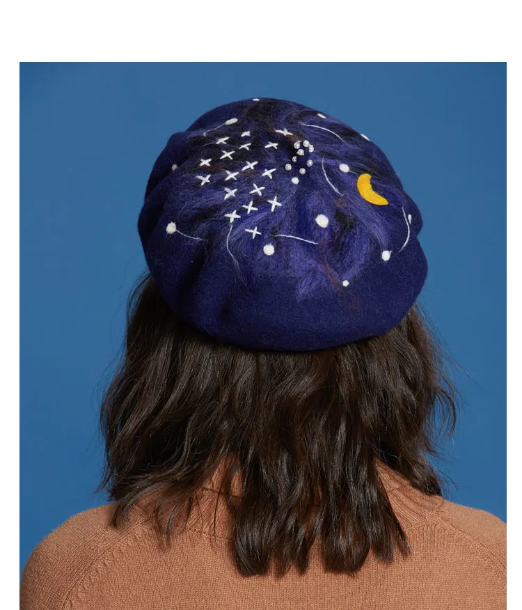 Handmade Wool Felt Beret Female Vintage Valentine'S Day Casual Fashion Starry Night Children'S Gift Hat Navy Gift Girl Wild New