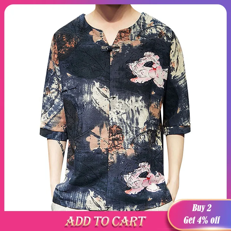 Мужская футболка с принтом в этническом стиле Повседневная хлопковая льняная