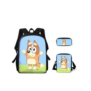 

Fashion Primary Kids 15-inch Backpack Set Bluey Pattern Students Book Bags Kawaii Anime Design School Bag/Messenger Bag/Pen Bag