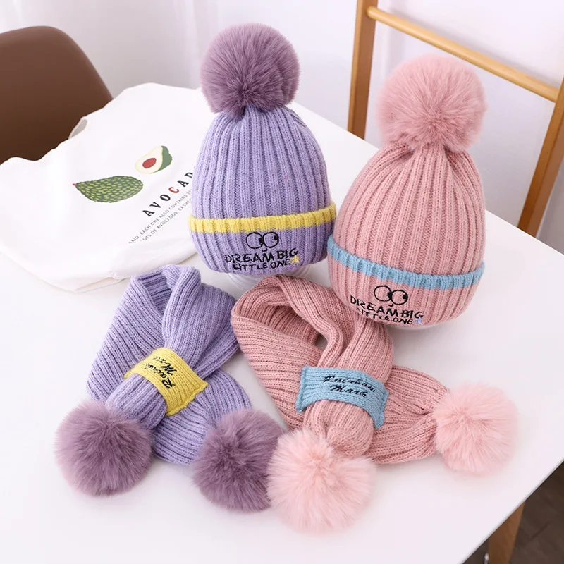 Doitbest Boy Girl Kids Beanie Sets Cute Big eyes 2 pcs 2021 Warm Boys Girls Winter villus Hat Scarf Set For 3 to 9 Years old