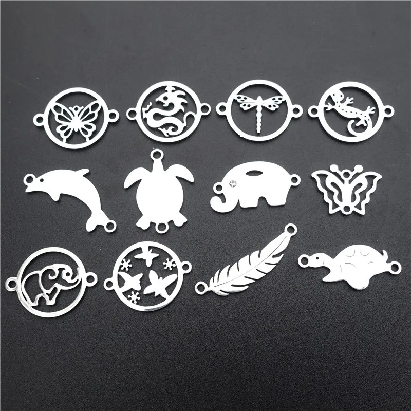 Animal Stainless Steel Connectors Gecko Turtle Elephant Feather Dragonfly Porpoise Dragon 2 Loops Diy Jewelry Findings 5pcs lot | Украшения