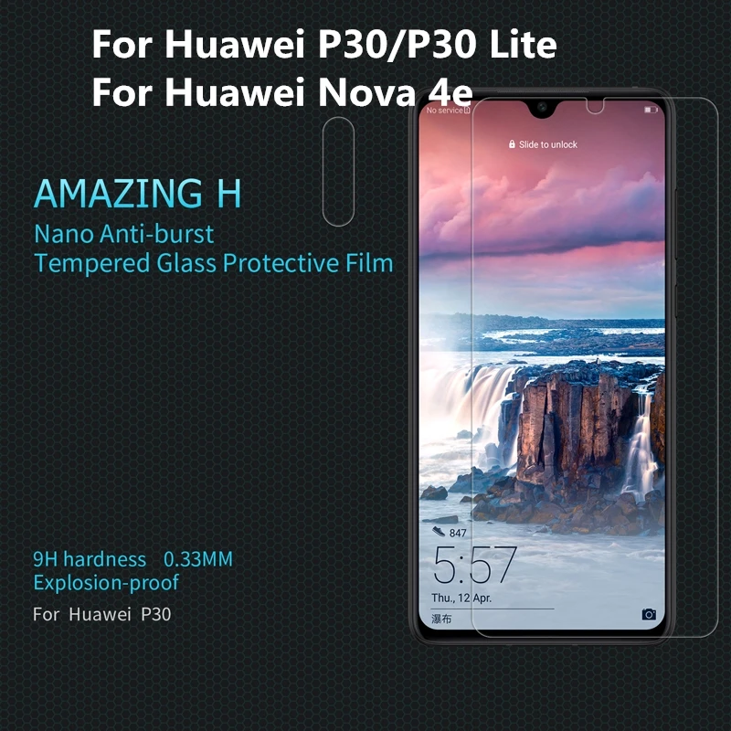

NILLKIN H/H+Pro For Huawei P30 P30 Lite Tempered Glass Screen Protector For Huawei Nova 4e LCD Guard + Camera Stick Anti-Scratch