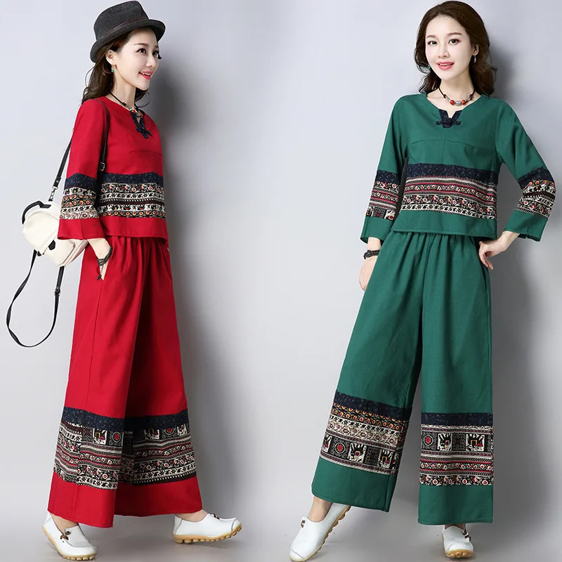 

Autumn Ethnic-Style Printed Frog Retro Loose Cotton Linen Long Sleeve WOMEN'S Suit
