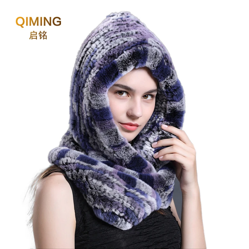 

New Winter Hat Women Real Rex Rabbit Fur Hat Hooded Hair Scarf Hats Woman Cap Warm Natural Ladies Fur Hat With Neck Scarves