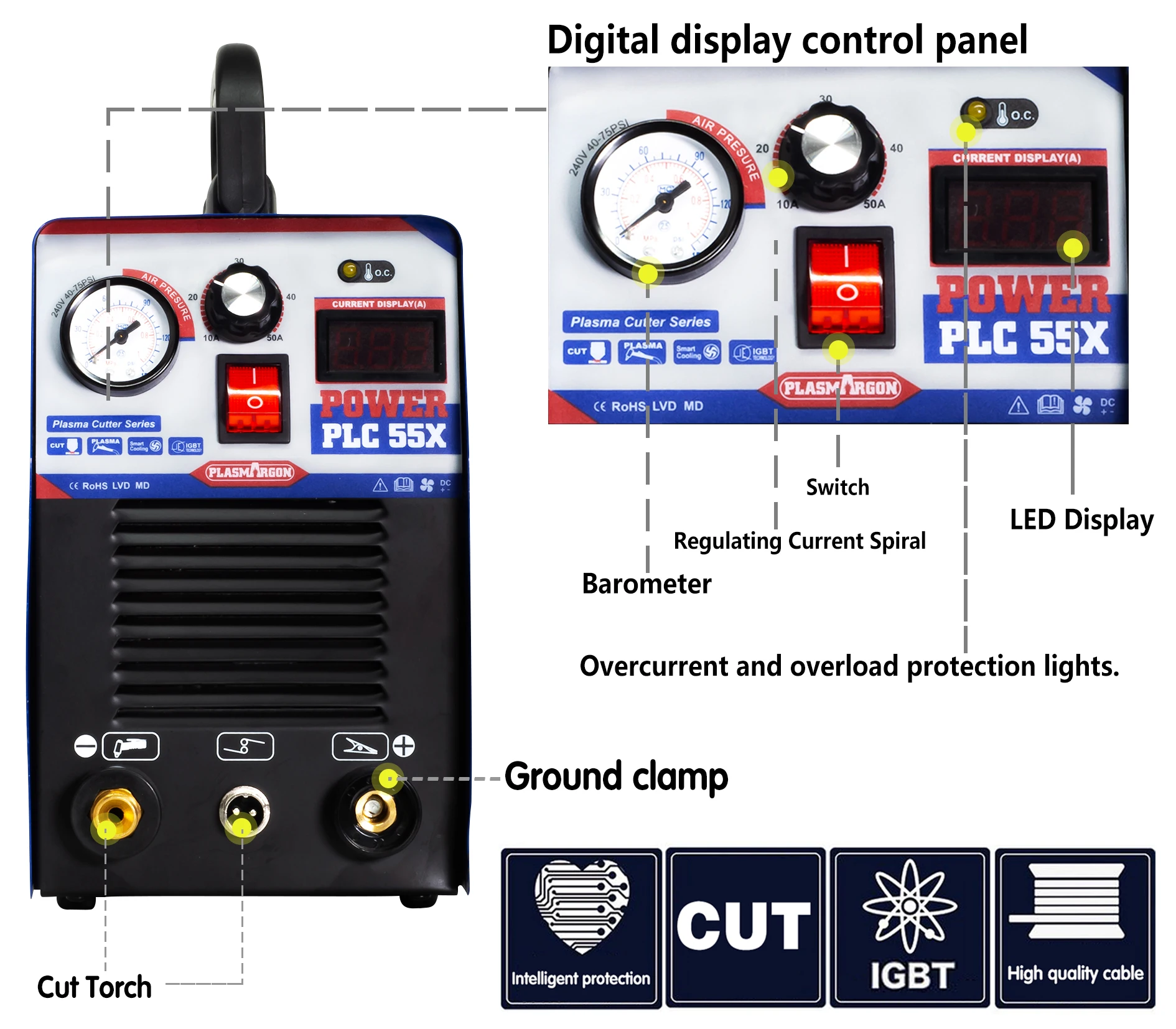 PLASMARGON Air Plasma Cutter Machine PLC55 Inverter Air Plasma Cutter 50Amp IGBT 110V/220V Welding Equipment 3