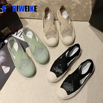 

Fashion Sandals Women Retro Sewing Mesh Flats Summer Shoes Woman Elastic Bandage Casual flat Sandals 2020 Sandalias Mujer AB646