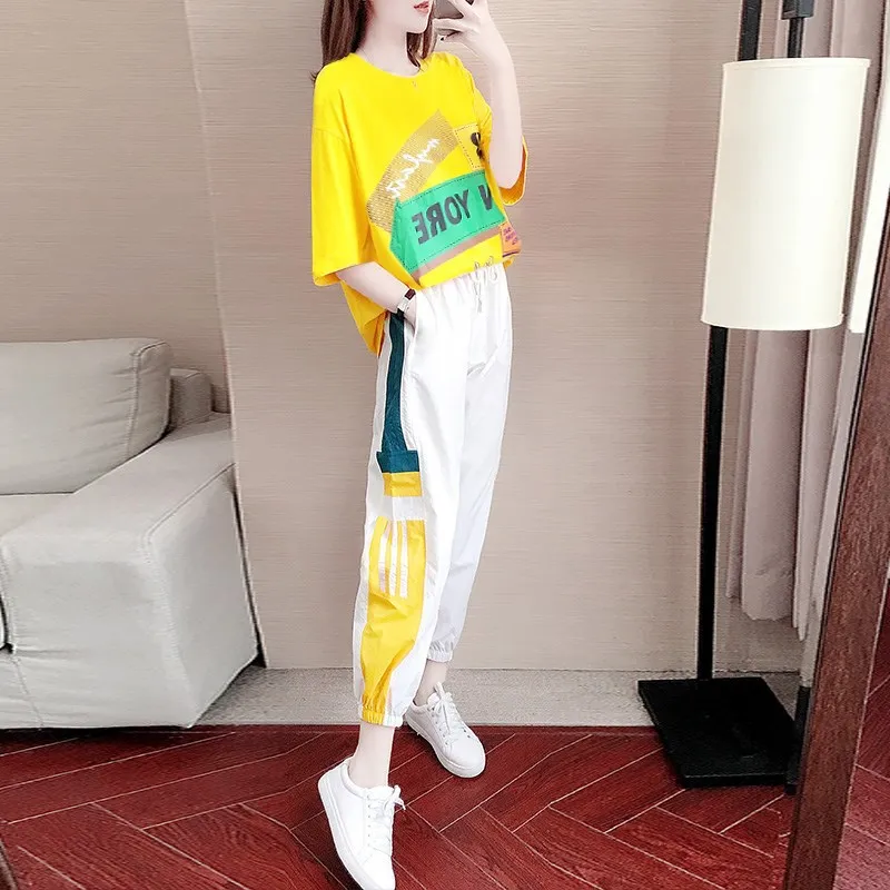

Popular Brand Fashion & Sports WOMEN'S Suit 2019 New Style Summer Students Hip Hop Loose-Fit Korean-style Casual Pants Two-Piece