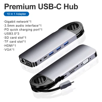 

10 In 1 Aluminum Alloy For PC Laptop 4K HDMI 3.0 Ports VGA High Speed Card Reader Splitter USB C Hub PD Charging Dock Station
