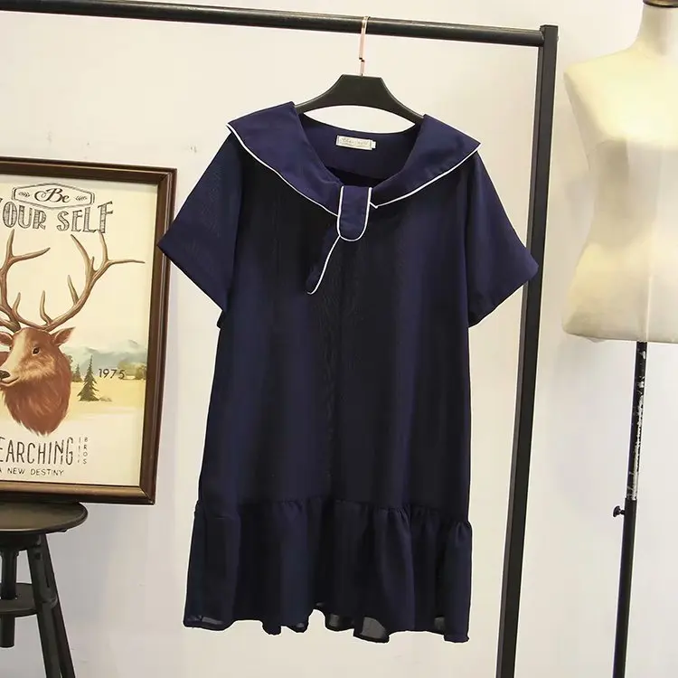

2020 Spring And Summer New Style Large Size Dress Solid Color Navy Collar Short Sleeve Solid Color Dress Students Skirt W3-2636