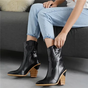 

Plus size 33-46 2019 brand women's mid calf boots female fashion high heels boots Microfiber leather ladies autumn winter boots