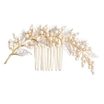 

Metallic Hollow Out Leaves Wedding Hair Comb Imitation Pearl Rhinestone Bridal Prom Party Ponytail Veil Holder Hairpin Accessory