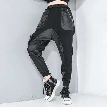 

2020 New Women Elastic Waist Multi-pocket Splice Black Cargo Pants Female Streetwear Hip Hop Harem Trouser Casual Sweatpants