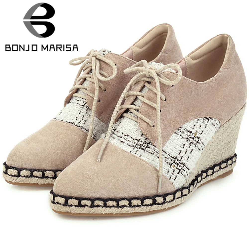 

BONJOMARISA 2020 New Ladies Brand Design Spring Patchwork Pumps Lace Up Fashion Straw Sole Pumps Women OL Wedges Shoes Woman