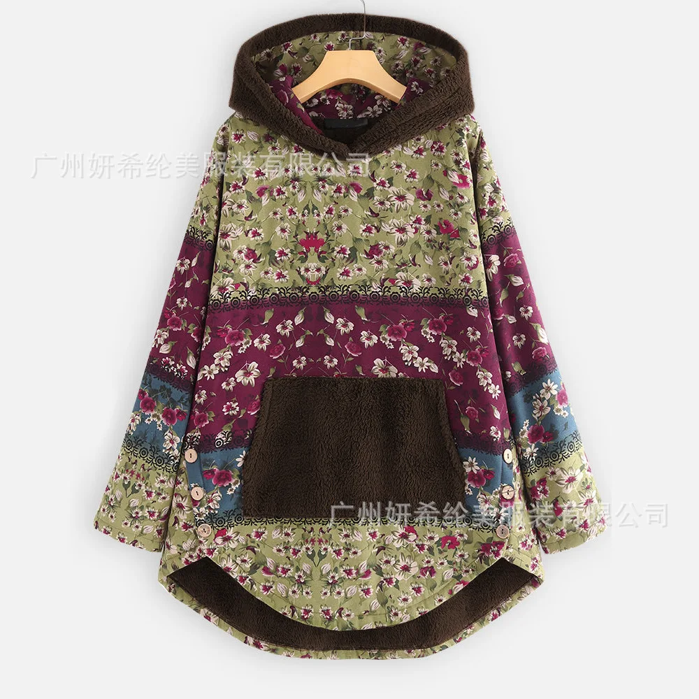 

Europe And America Autumn And Winter New Style Cotton Linen Printed Hooded Thick plus Velvet Mid-length Hoodie Short in Front Lo