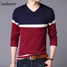 Новые модные брендовые свитера, мужские пуловеры с v-образным вырезом, облегающие вязаные Джемперы в полоску, осенняя повседневная мужская одежда в Корейском стиле