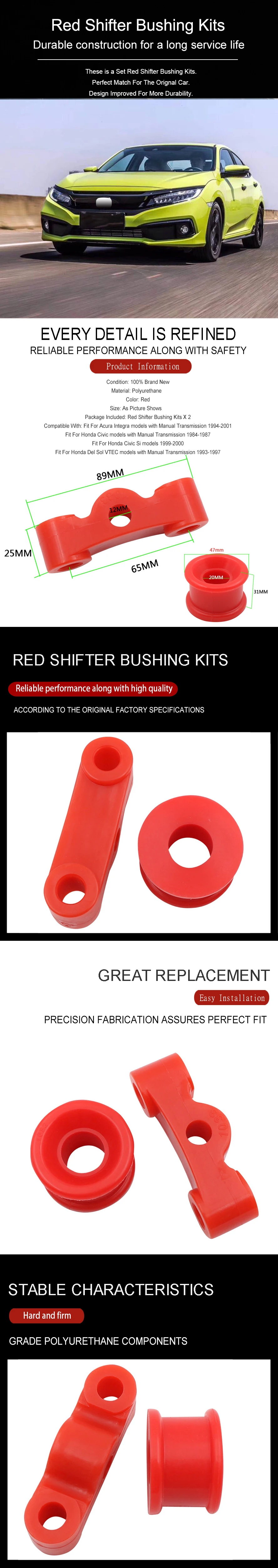 Wooeight 2Pcs Red Polyurethane Shift Bushing Kits Fit For Acura Integra Honda Civic Si models Honda Del Sol VTEC models B16 B18 (8)