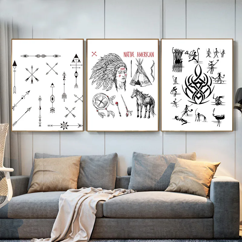 3 Paneles Indios Native Lienzo Pintura Cartel Blanco Y Negro