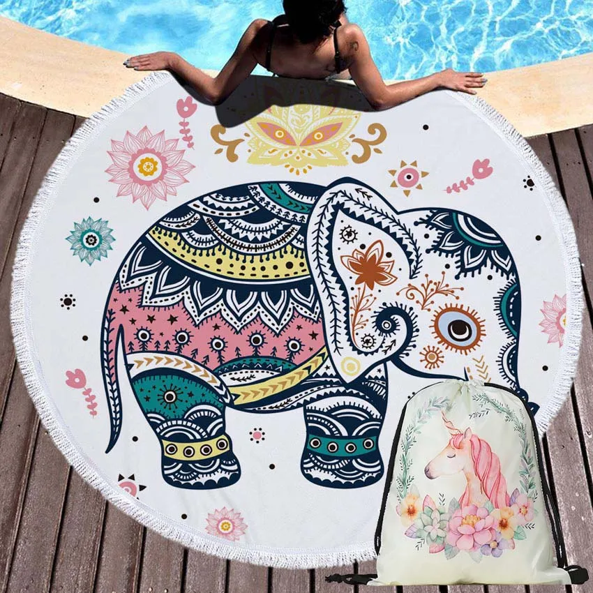 

Summer 150cm Round Elephant Beach Towel Seaside Animals Wall Tapestry Shower Bath Towel Home Blanket With Drawstring Storage Bag