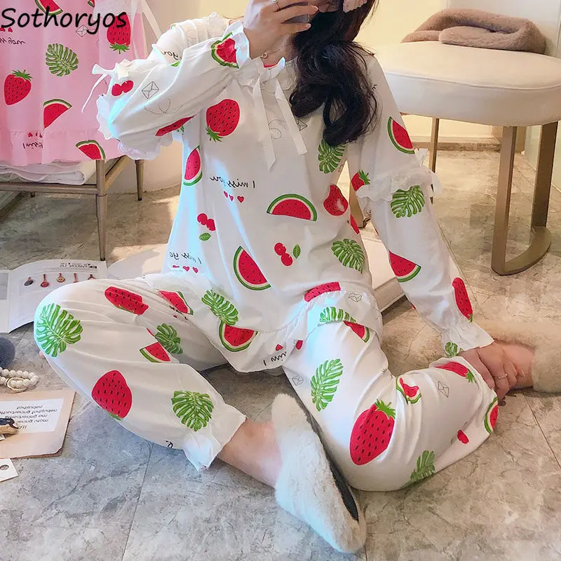 

Pajama Sets Autumn Women Print Big Size 2XL Long Sleeve Pants Cozy Loose Home Sleepwear Korean Trendy Sweet Kawaii Daily Casual