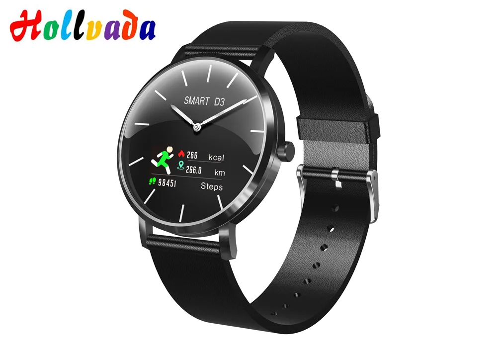 black leather Bluetooth 4,0 Смарт-часы D3 фитнес-браслет трекер активности пульсометр кровяное давление для ios Android apple iPhone 6 7 - Цвет: black leather
