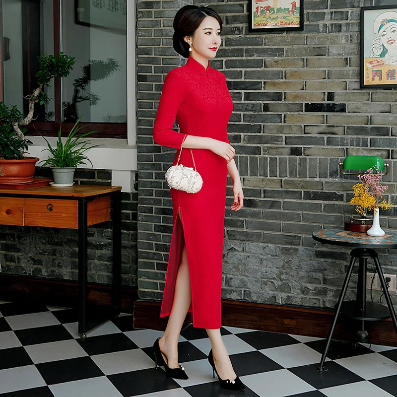 Красное сексуальное женское, на шнуровке Длинные Cheongsam в традиционном китайском стиле, платье с рукавом три четверти Весна Qipao тонкий Платья для вечеринок Vestido