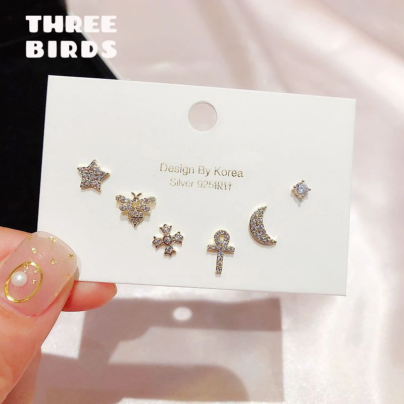 Трендовые серебряные серьги-гвоздики с кубическим цирконием, модные брендовые серьги-гвоздики с крестом в виде звезды, Луны, пчелы для женщин, корейские ювелирные изделия