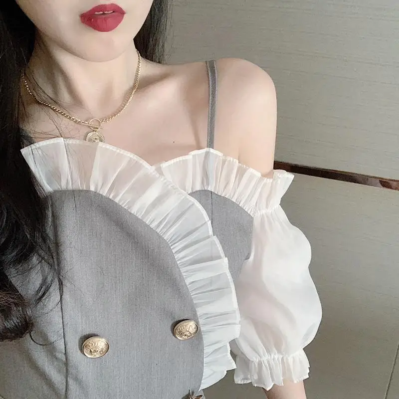 Korean Sexy Strapless Sling Women Playsuits Short Sleeve Hit Color Ruffle Patchwork Romper High Waist Slim Bodysuit G1829