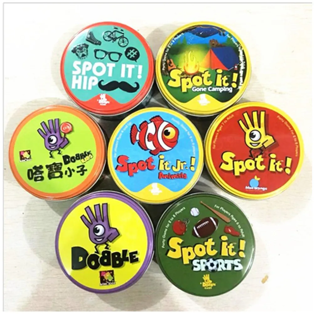 

Dobbles Spot It Cards Hip 7 English Version Board Games High Quality tin Original Edition Animals metal box Go Camping sports