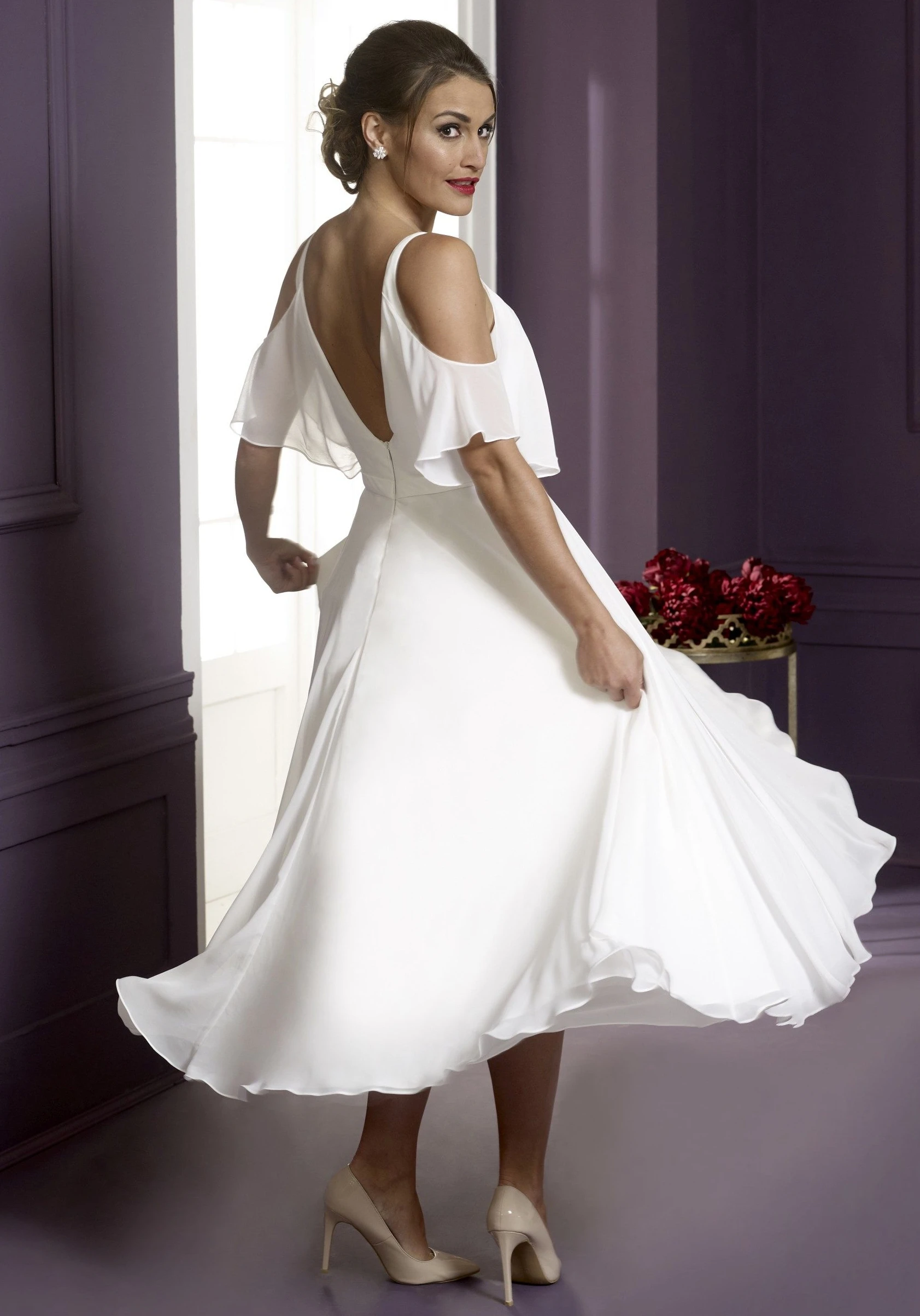 Chiffon Tea Length Short Wedding Dresses With Straps V Neck Off the Shoulder A-line Informal Beach Short Bridal Gowns Sale