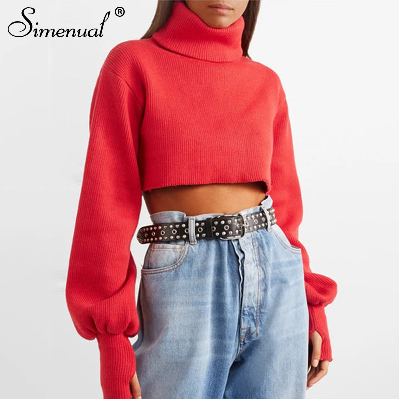 

Simenual Knitted Turtleneck Autumn Winter Sweaters Women Long Sleeve Fashion Solid Basic Jumper Casual Slim Red Cropped Sweater