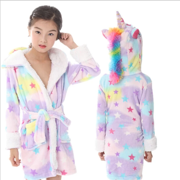 Банные халаты для детей, зимний детский банный халат, детская одежда для сна с радугой и единорогом, фланелевые детские халаты для мальчиков и девочек, пижамы