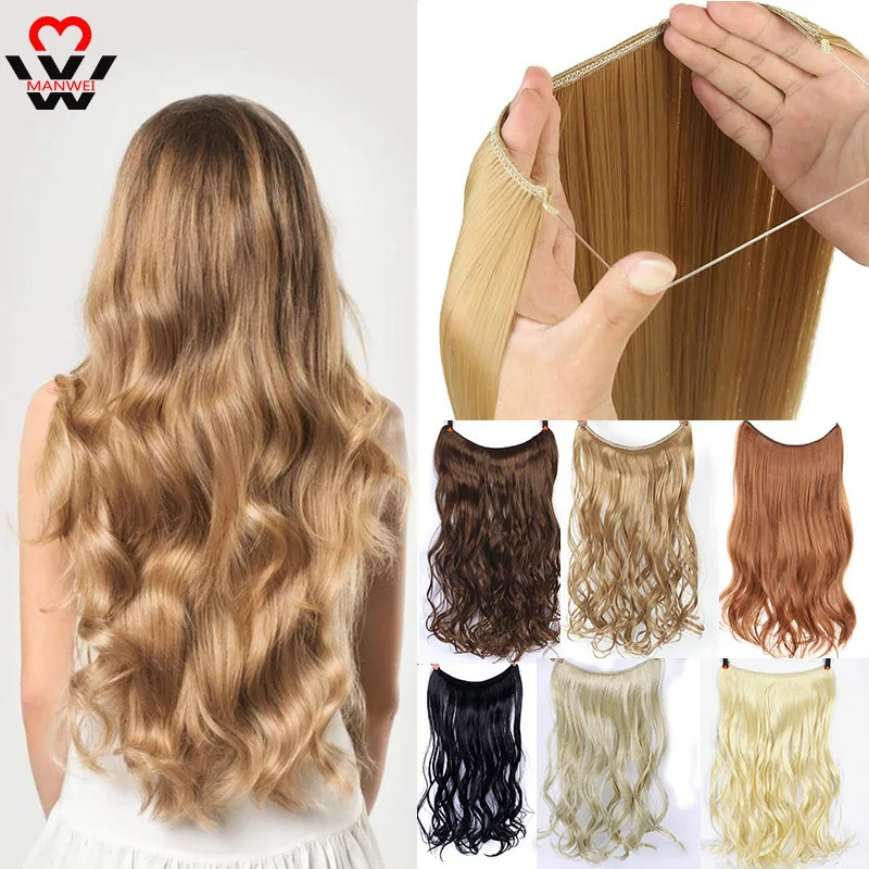 

MANWEI 24" Long Wavy Fish Line Hair Extensions Invisible Wire Secret No Clips In Hairpieces Synthetic Heat Resistant Fiber