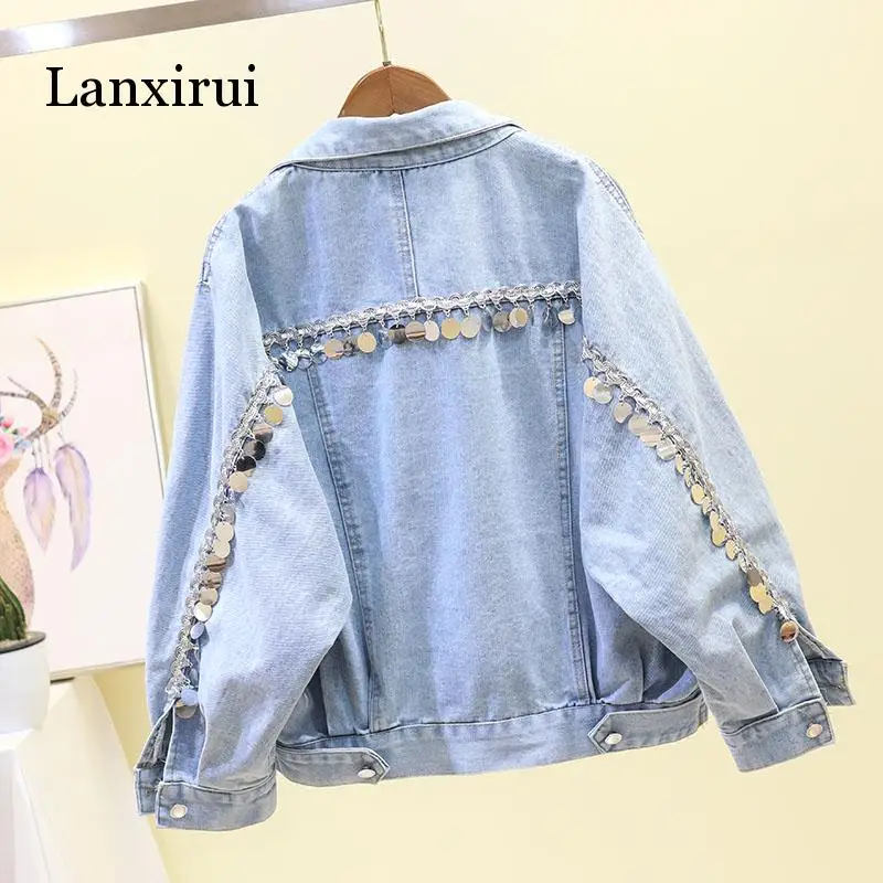 

New Heavy Metal Sequins Tasseled Jeans Jacket with Long Sleeves Women Short Jacket for Spring Fall Vintage Denim Coats Coat