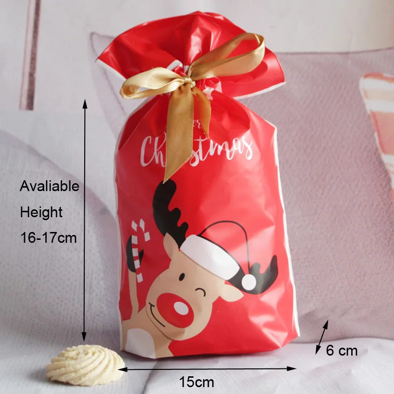10pcs red deer 10 шт рождественские на шнурке пластиковые пакеты для свадебной вечеринки Подарочная сумка печенье конфеты упаковка канцелярские пластиковые конверты - Цвет: 10pcs red deer