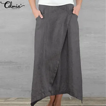 

Celmia Plus Size Women Maxi Long Skirts 2020 Summer Vintage High Waist Asymmetrical Loose Skirt Casual Long Pleated Beach Skirt