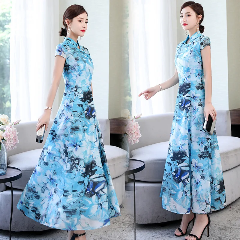 

2019 Summer New Style bao xiu Stand Collar Printed Medium Waist Slim Fit Fashion Kuotaitai Chinese-style Improved Dress Women's