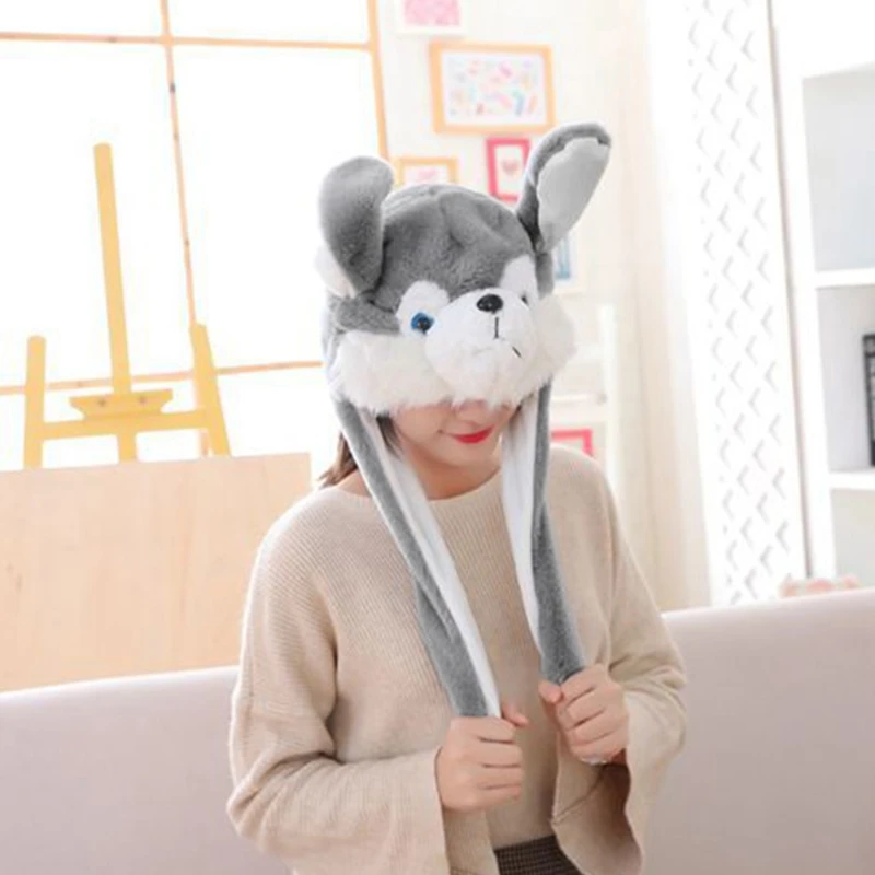 움직이는 귀가 달린 허스키 플러시 동물 모자, 빛나는 봉제 이어 플랩 캡