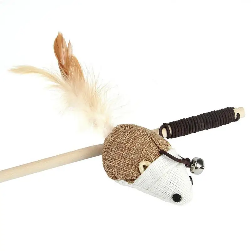 New Pet Cat Toys Funny Wooden Stick Dangle Mouse Ball With Feather Bell Interactive Cat Games Elastic Rope Toys 1 Pcs