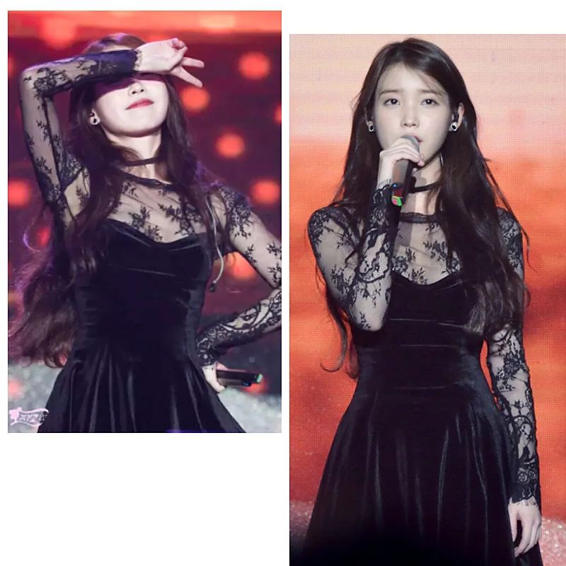 Kpop, IU Lee Ji Eun, те же вечерние, сексуальные, высокая талия, тонкое платье, женское, зимнее, кружевное, перспективное, черное, бархатное, с длинным рукавом, платья