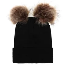 Женские вязаные мягкие однотонные теплые шапки на осень и зиму, шапка с двойным помпоном из искусственного меха для девочек