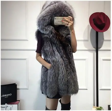 Plus Size Autumn Winter Faux Fox Fur Vest With Hooded High Quality Long Waistcoat Fur Cardigan Woman Vest manteau femme DF607