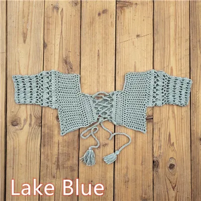 Lake Blue Top Ручное вязание крючком цветок юбка Женский комплект бикини купальник сексуальный пляжный Чехол Бикини Топ+ юбка Бохо стиль эластичный пояс кисточки - Цвет: Lake Blue Top