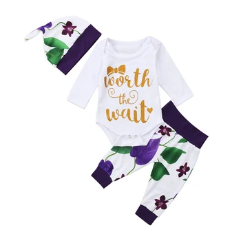 

Long sleeve romper and pant with hat set for baby girl clothes