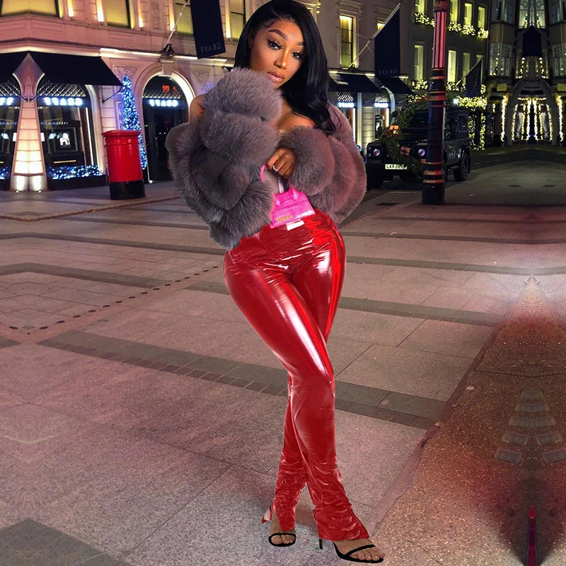 

Women Faux Leather PU Skinny Pencil Pants Sexy High Waist Ruched Split Trousers 2021 Autumn Harajuku Wine Red Punk Y2K Clothes