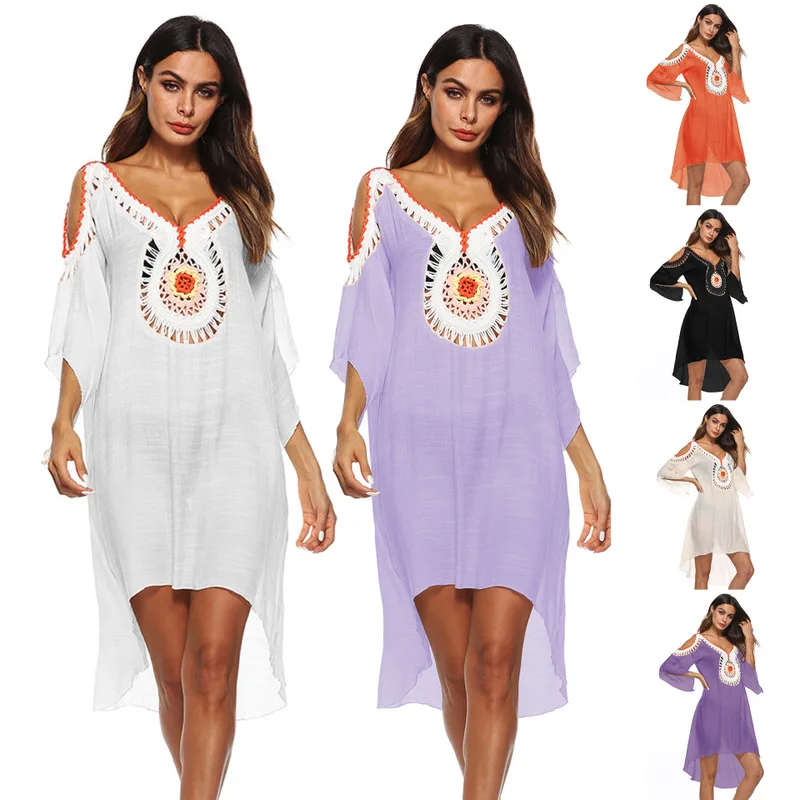 

Beach Coverups For Women Swimwear Dresses Summer Dress 2019 Beaches Ladies New Sexy Bikini Smock Hollow Out Strapless Patchwork