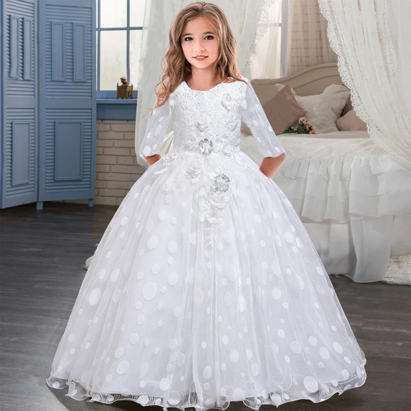 Vestido blanco manga larga hecho a mano para niña, vestidos elegantes de flores para niña, vestido de princesa de dama de honor de boda de 4 12 años| Vestidos| - AliExpress