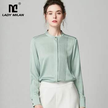 

100% Pure Silk Women's Shirts O Neck Pleated Piping Long Sleeves Elegant Blouse Shirt Top