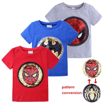 

Spiderman Batman Superman T Shirt Children Boy Change Color Sequins Letter Print Summer T-shirt Cotton Tops Tees Kids Clothes
