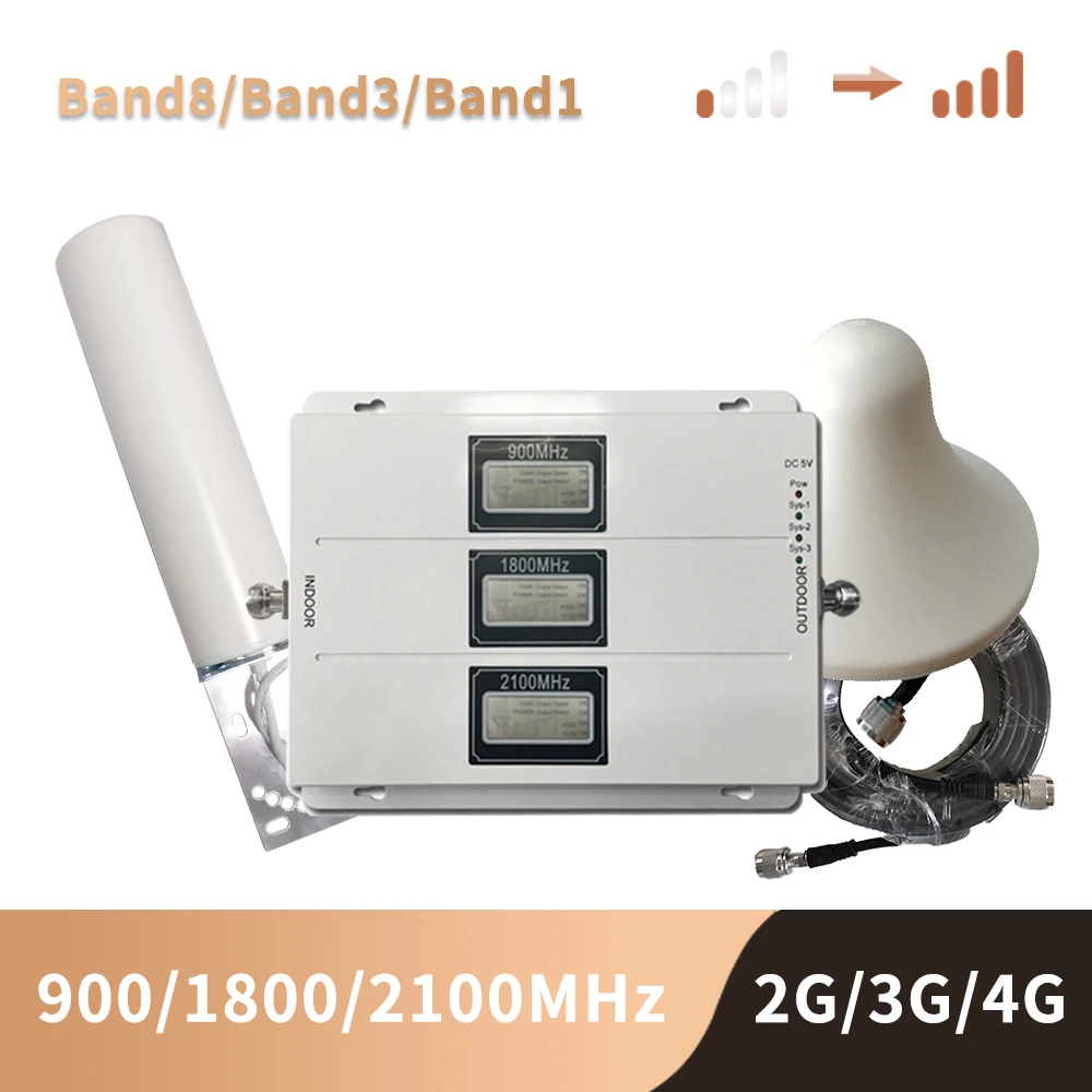 

900 1800 2100 Gain 70dB Tri Band Mobile Signal Booster Repeater GSM DCS LTE WCDMA UMTS MHz with AGC ALC 2G 3G 4G Amplifier